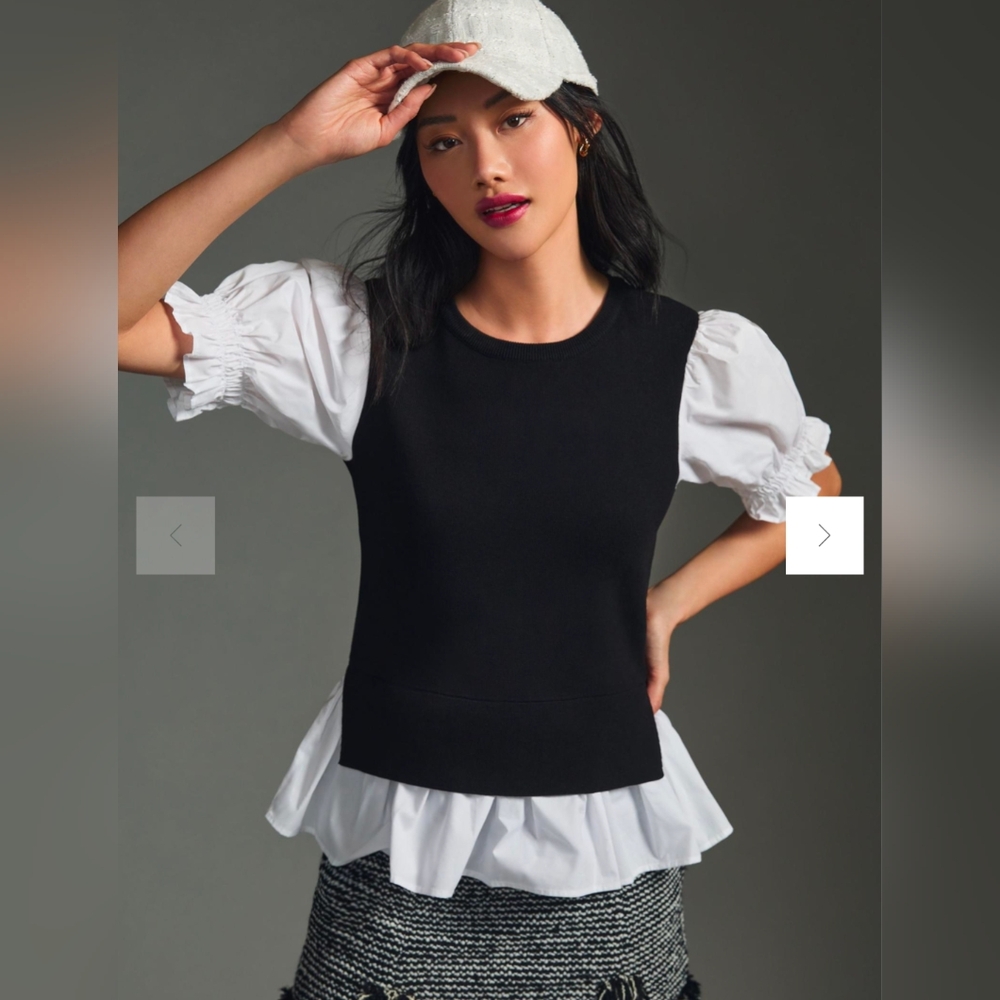 Anthropologie Layered Poplin-Sleeve Sweater Size XS